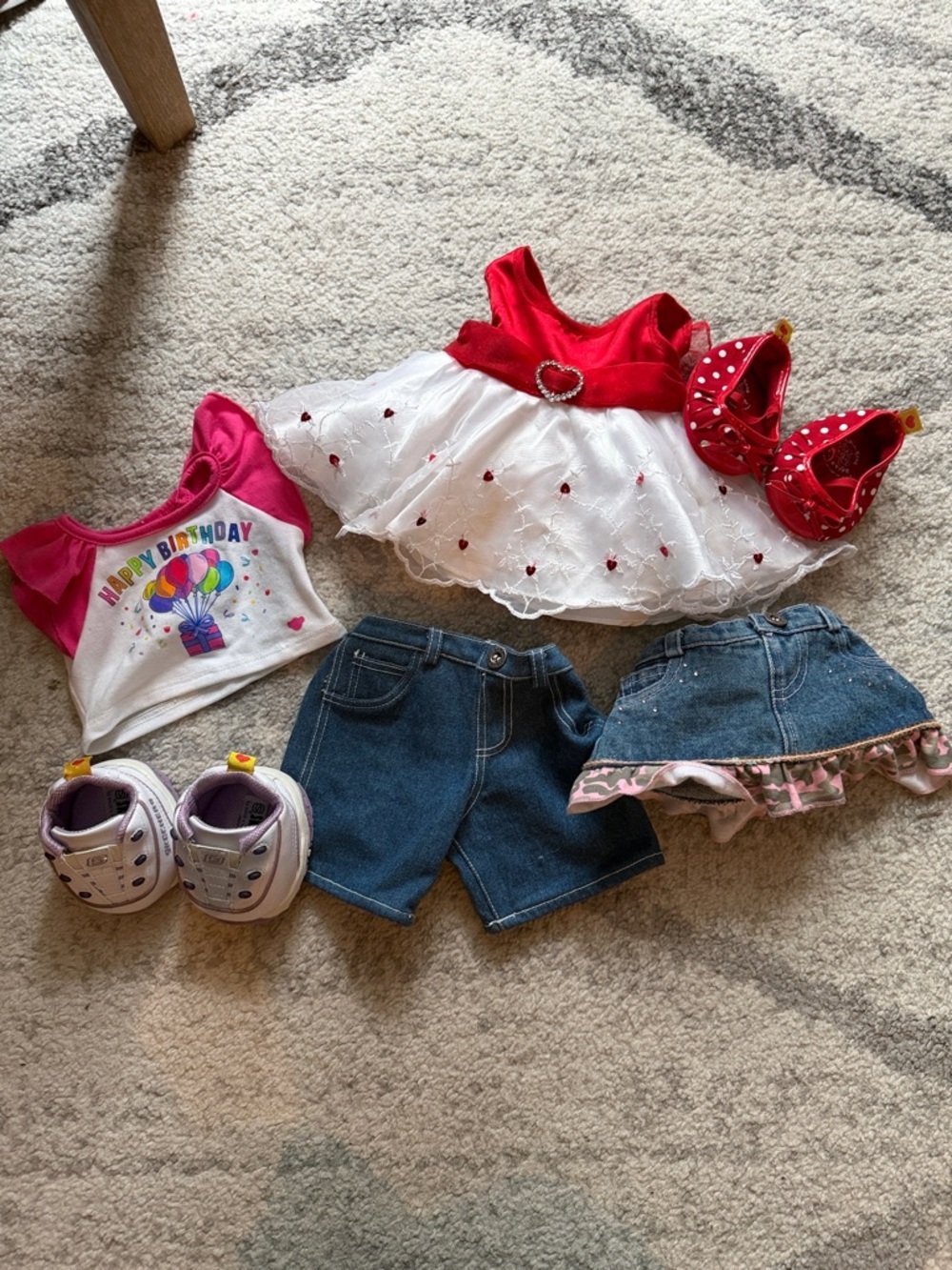 Build-A-Bear Red and White Heart Dress with Pink Birthday Top and Denim Bottoms